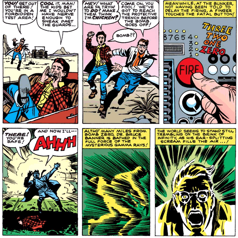 Bruce Banner devient Hulk en sauvant le jeune Rick Jones de l'explosion d'une bombe gamma