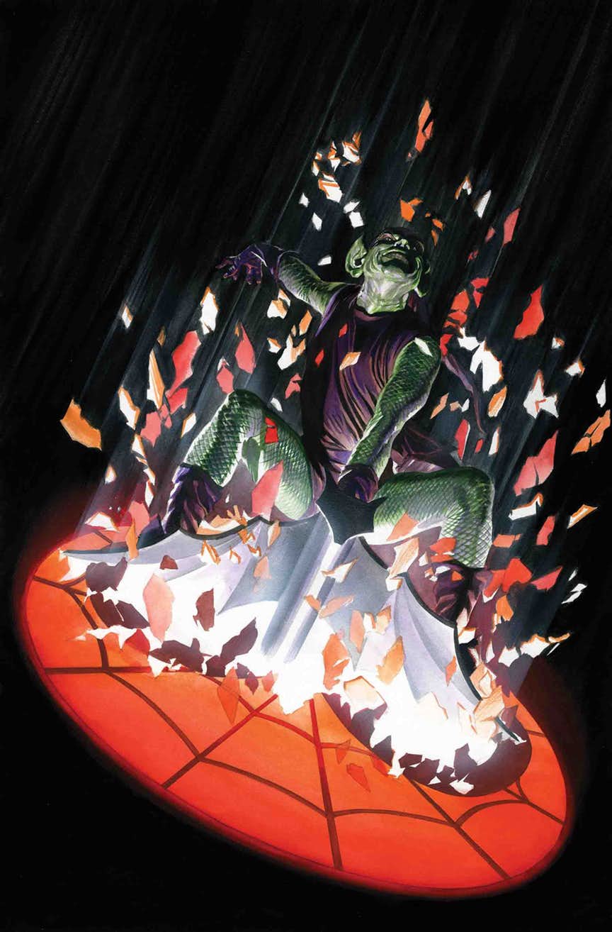 Le dernier arc de Slott inclue l'ennemi intime de Spidey, le Bouffon Vert. Amazing Spider-Man #797 par Alex Ross (Marvel Comics)