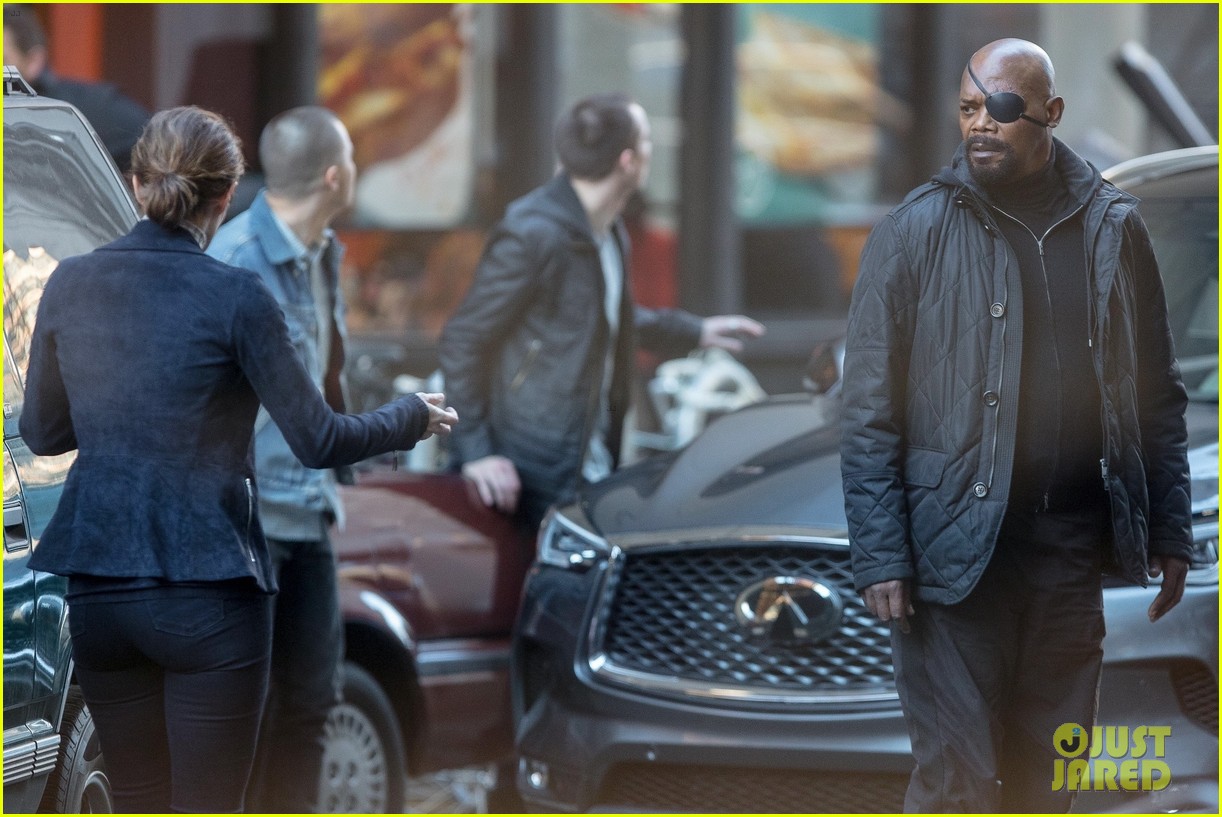 Photo de tournage de Captain Marvel avec Nick Fury et Maria Hill