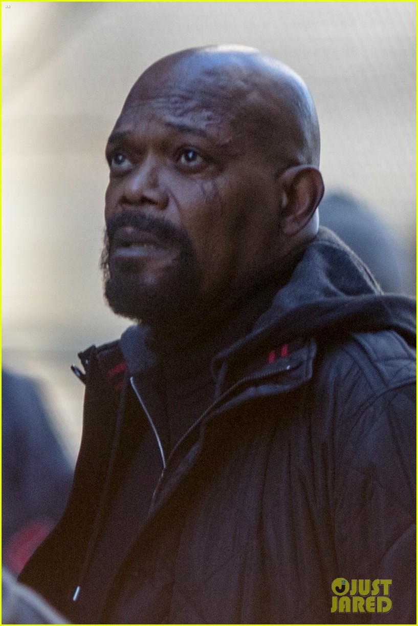 Photo de tournage de Captain Marvel avec Nick Fury et Maria Hill