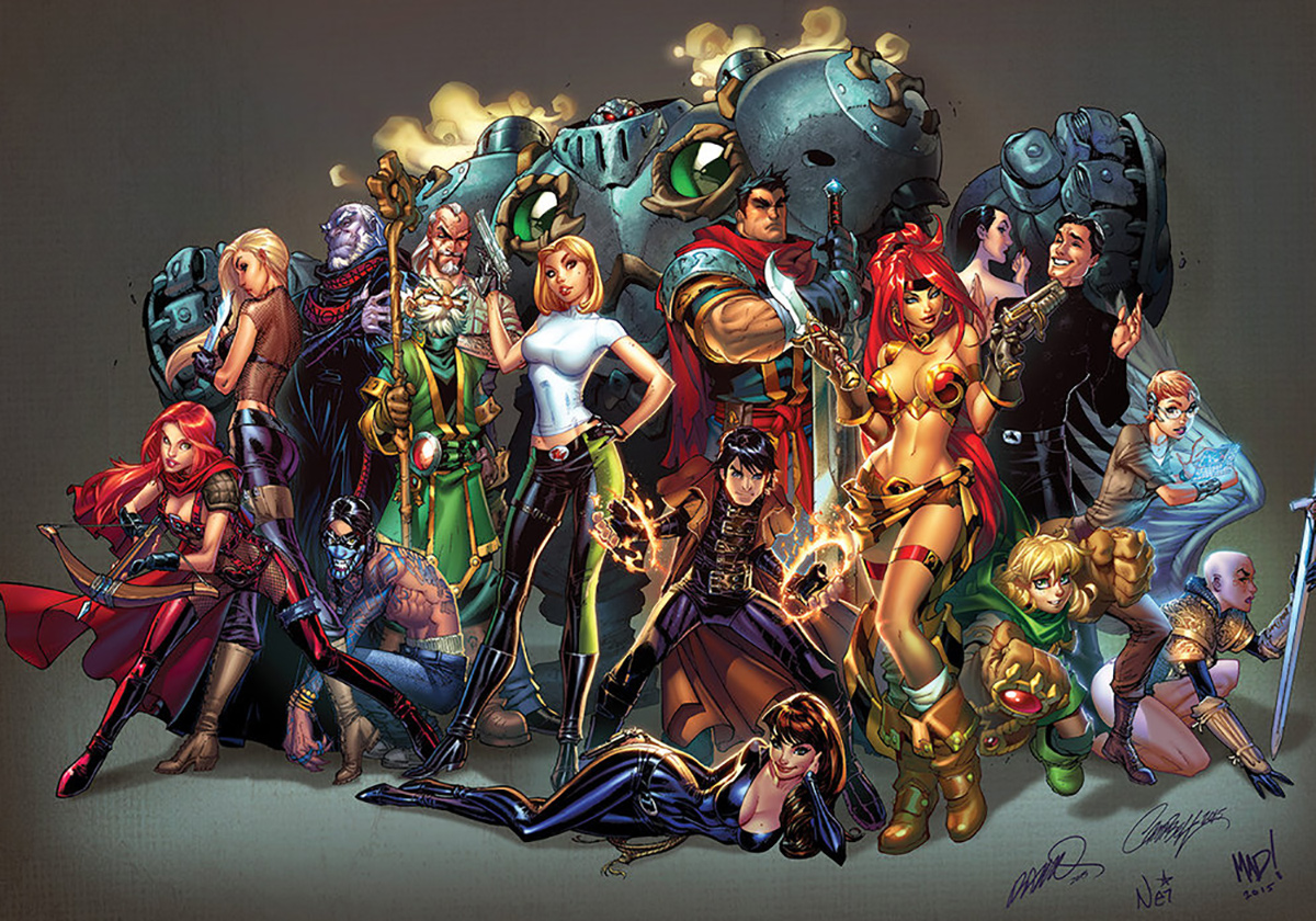 Tous les personnages du label Cliffhanger par J. Scott Campbell, Humberto Ramos et Joe Madureira, colorisé par Neil Ruffino