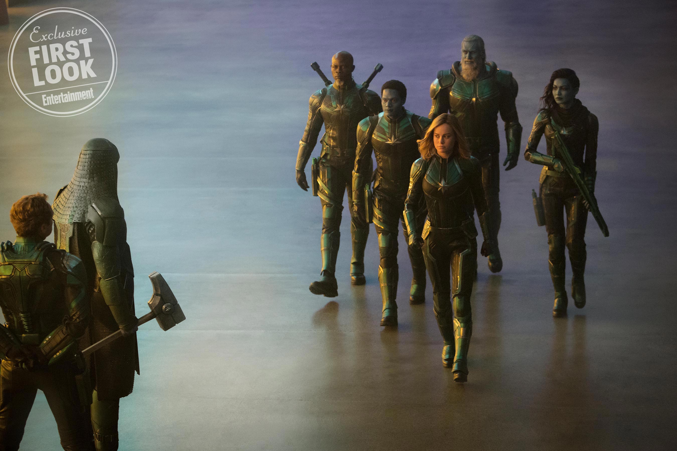 Marvel Studios' CAPTAIN MARVEL L to R: Leader of Starforce (Jude Law), Ronan (Lee Pace), Korath (Djimon Hounsou), Att-Lass (Algenis Perez Soto), Carol Danvers/Captain Marvel (Brie Larson), Bron-Char (Rune Temte) and Minn-Erva (Gemma Chan)