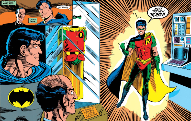 La première apparition du 3éme Robin, Tim Drake, dans Batman #457 (Breyfogle/Mitchell, DC Comics)