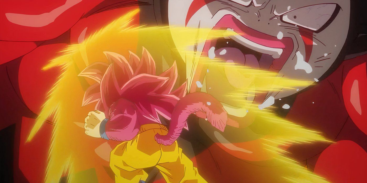 Son Goku en Super Sayan 4 frappe Gomah dans l'épisode 18 de Dragon Ball DAIMA.