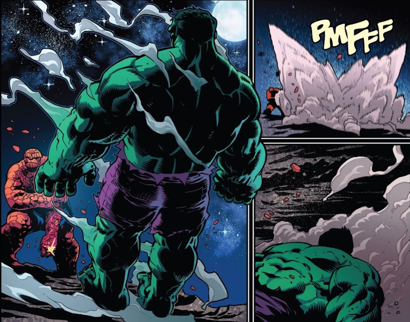 Le coup porté par la Chose a mis KO le puissant Hulk dans Fantastic Four #13 (par Dan Slott et Sean Izaakse).