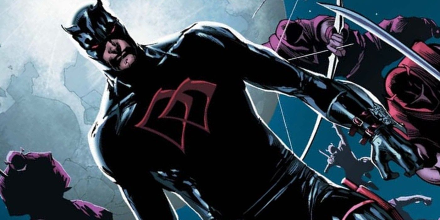 Daredevil dans son fameux costume noir durant le run Shadowland dans les comics Marvel.