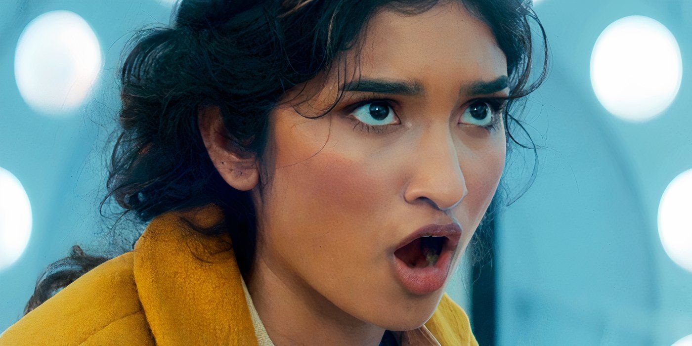 Varada Sethu dans le rôle de Belinda Chandra a l'air sévère dans Doctor Who saison 15