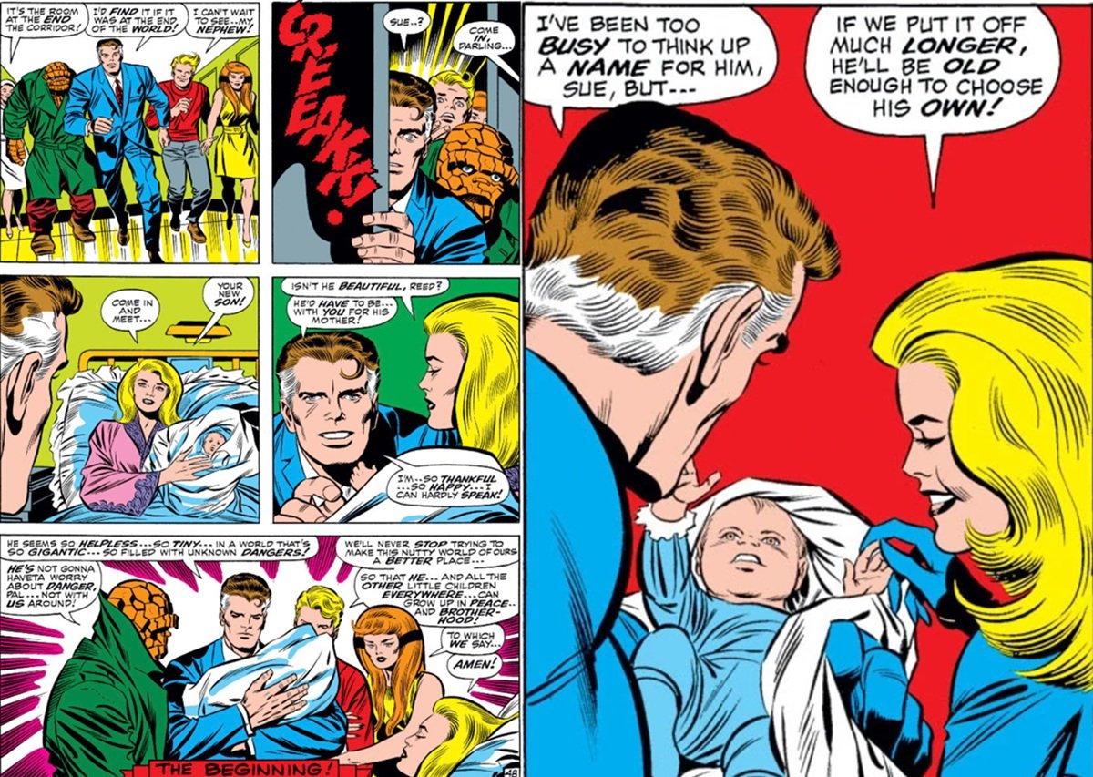 La naissance de Franklin Richards, dans les comics Fantastic Four.