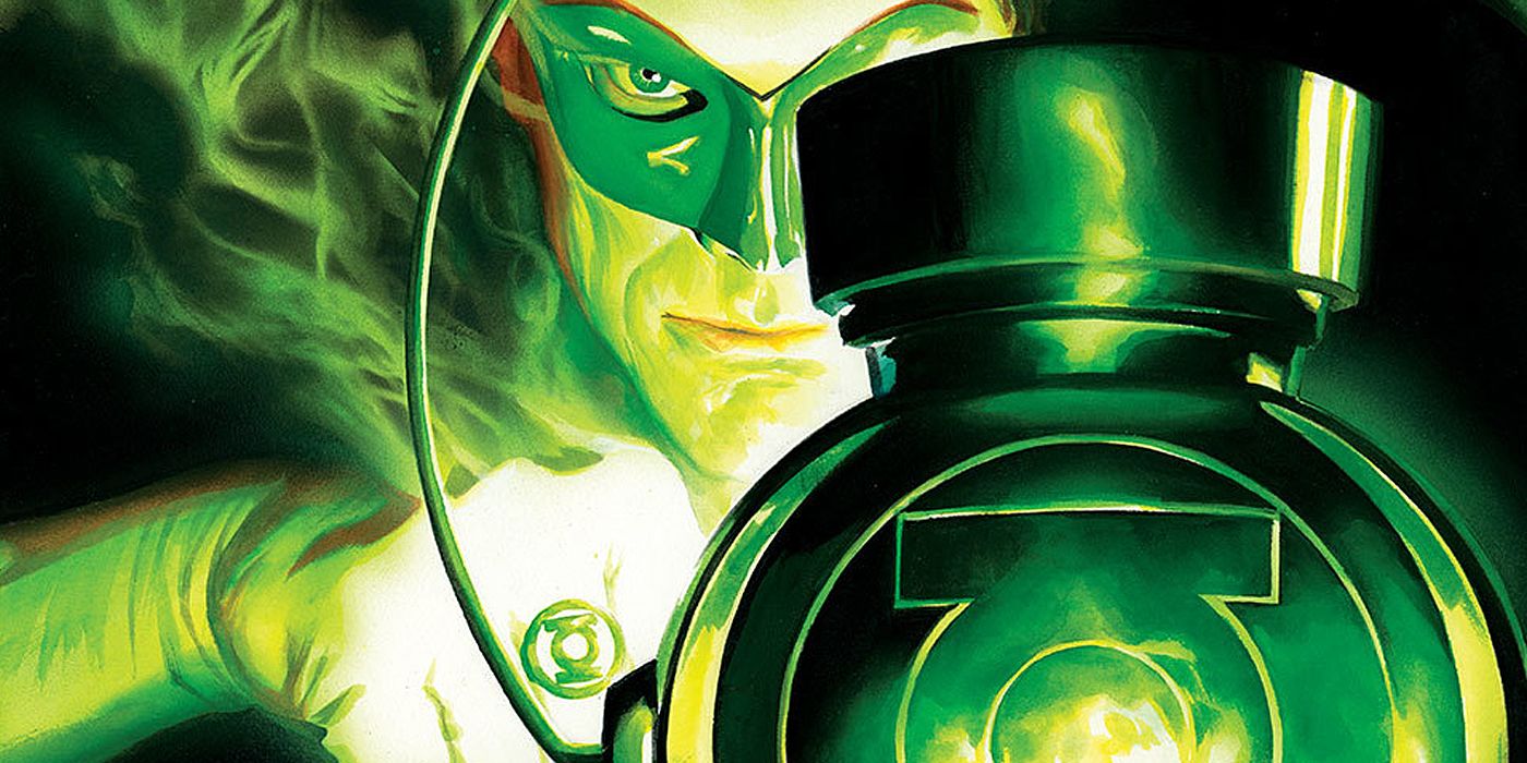 Hal Jordan rechargeant son anneaux avec la fameuse batterie des Green Lantern - dessin d'Alex Ross