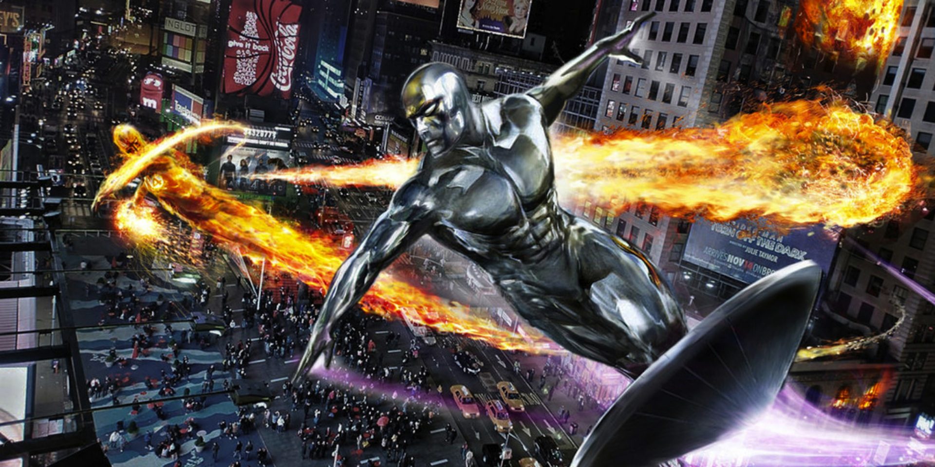 Le Surfer d'Argent contre Johnny Storm, alias la Torche Humaine, des Quatre Fantastiques.