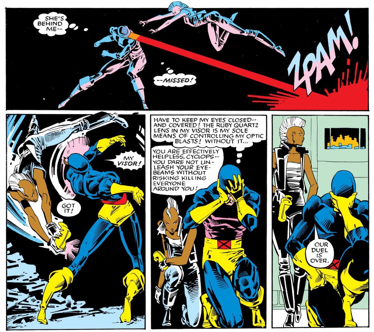 Le duel Tornade/Cyclope dans les comics X-Men.