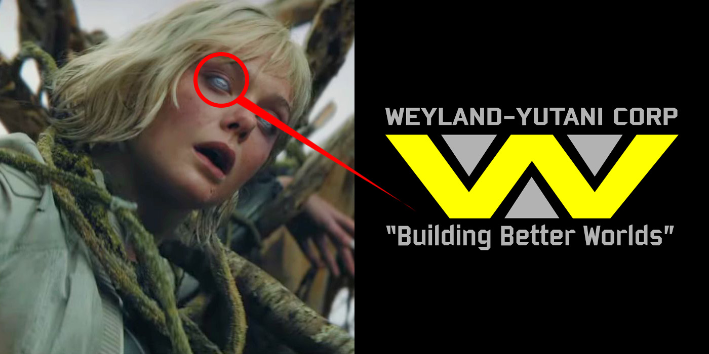 Le logo Weyland-Yutani dans les yeux de l'androïde Thia (Elle Fanning), un lien avec la saga Alien.