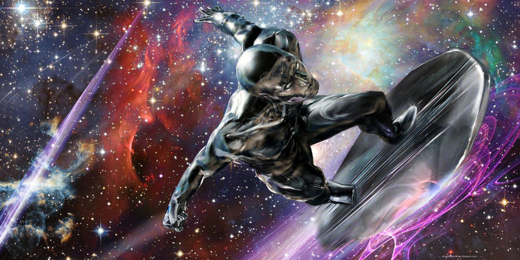 Le Silver Surfer dans l'espace sur sa planche.