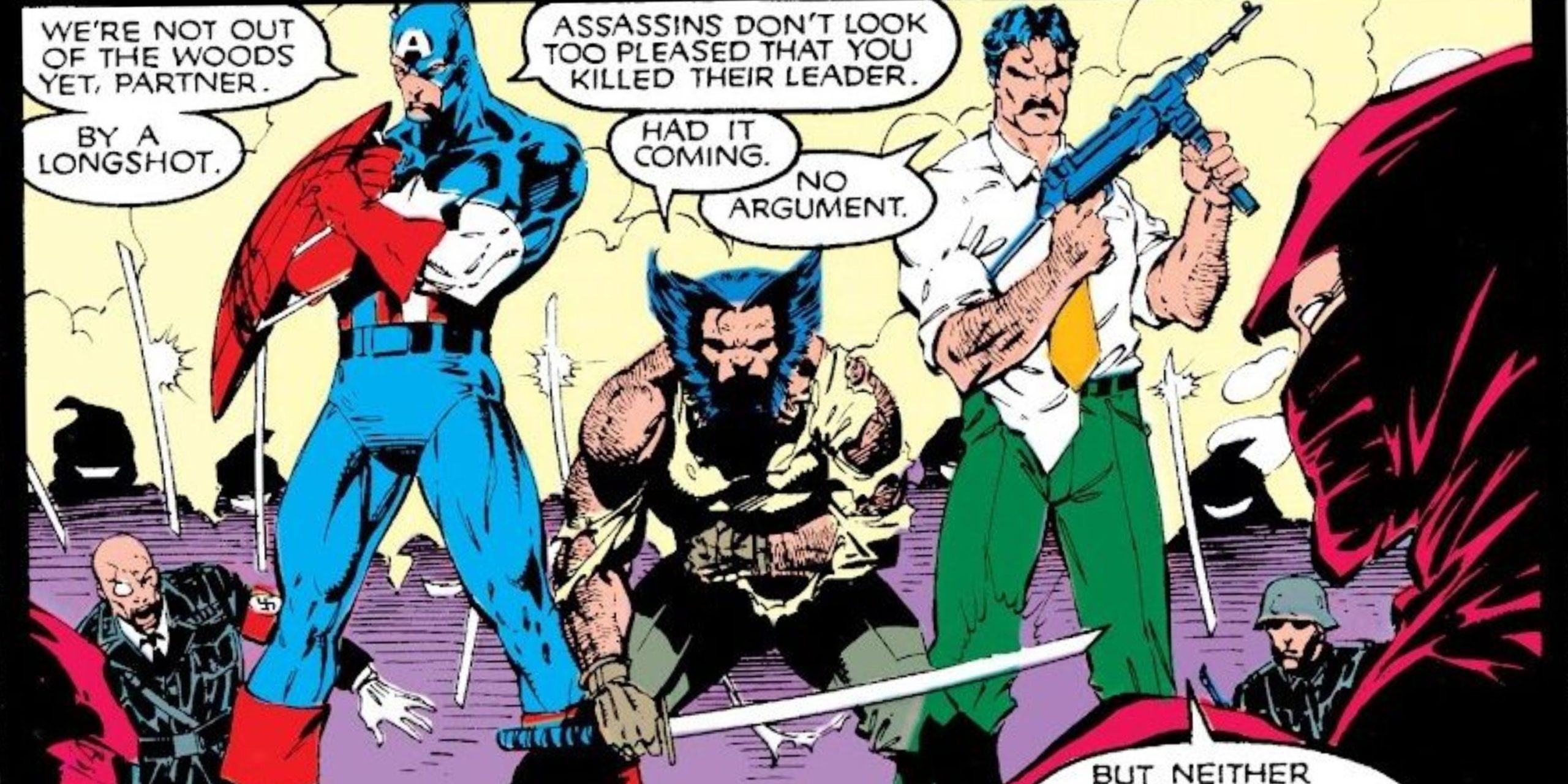 Wolverine et Captain America faisant équipe contre la Main durant la seconde guerre mondiale à Madripoor.