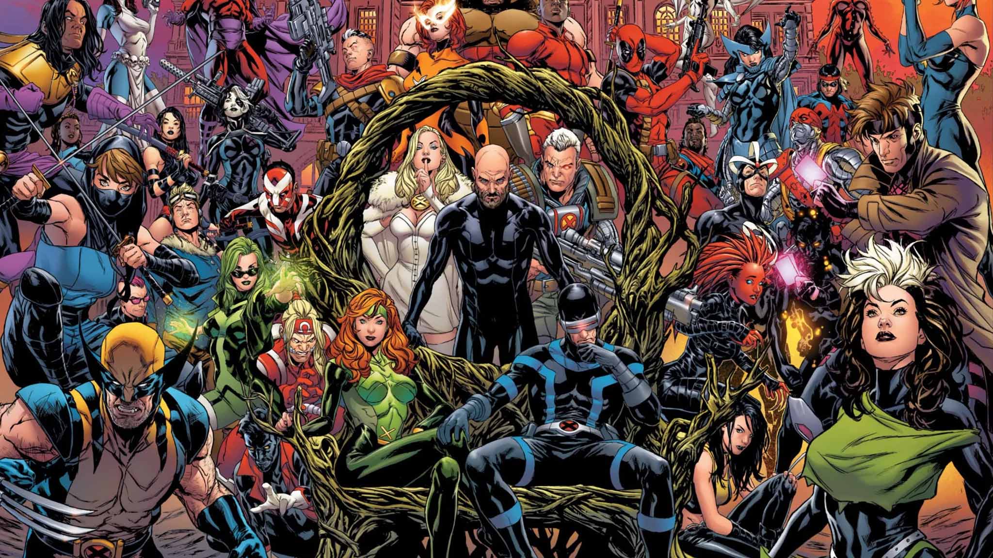 Illustration de Mark Brooks des nombreux personnages de l'univers des X-Men durant l'ère Krakoa.