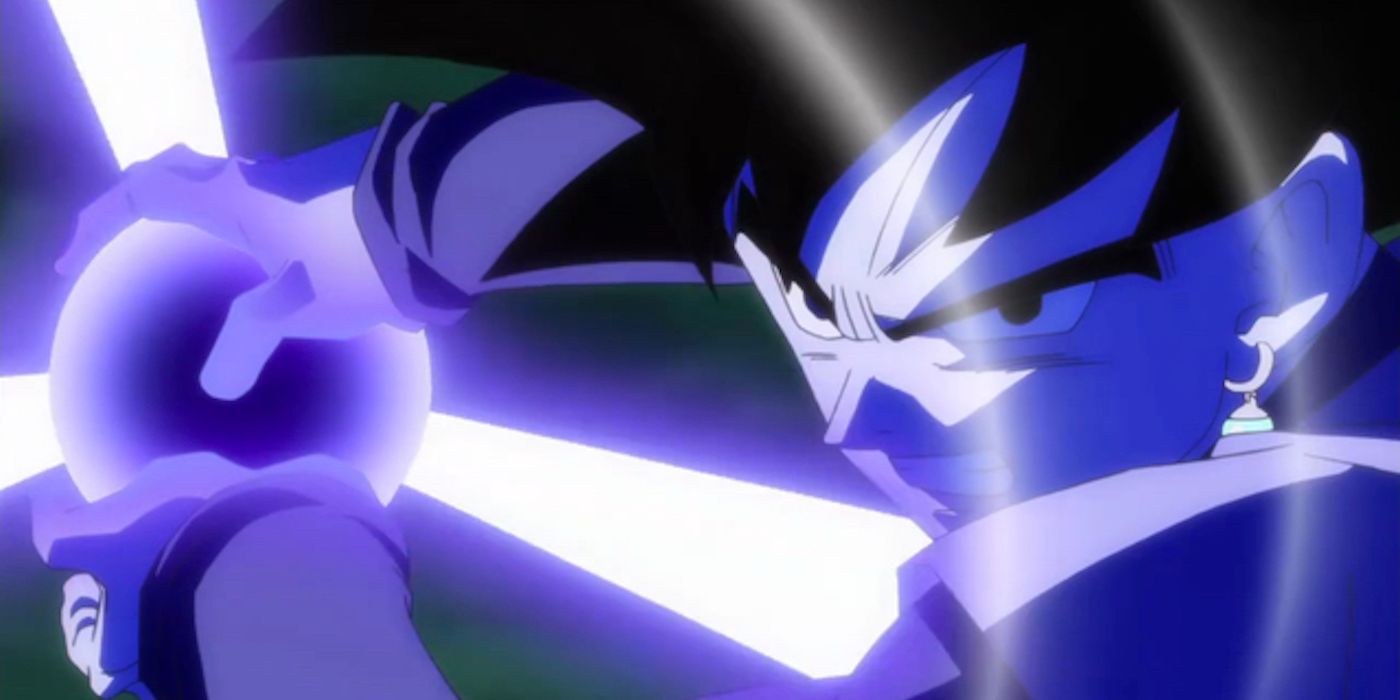 Black Goku qui fait un Kamehameha noir dans Dragon Ball Super.
