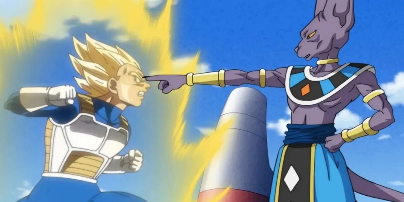 Vegeta en Super Saiyan face à Beerus.