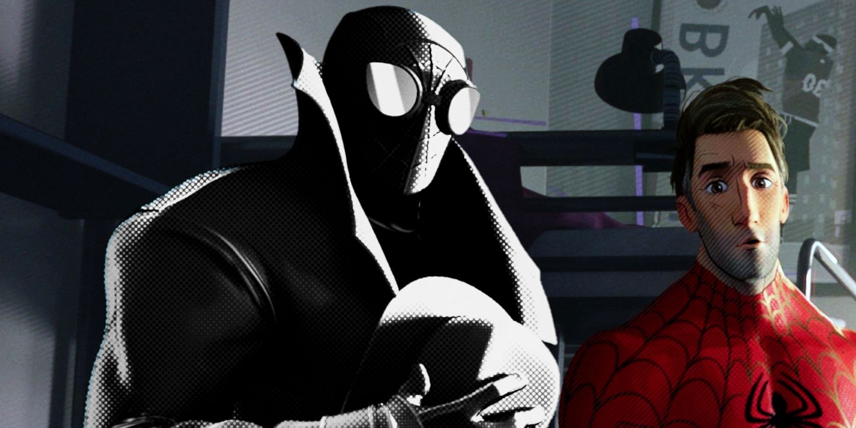 Spider-Man Noir et Peter Parker dans Spider-Man into the Spider-Verse.