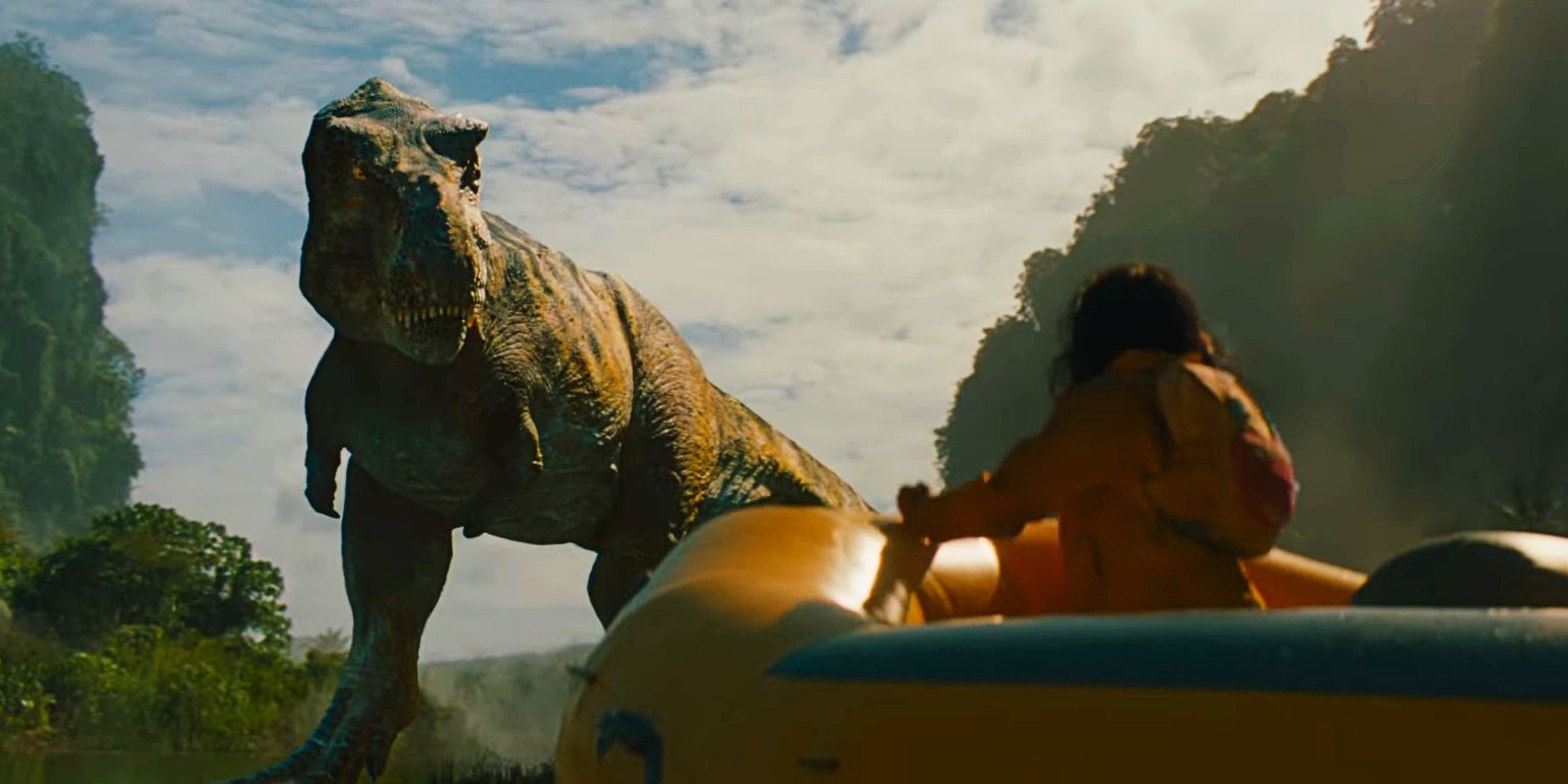 Un T-Rex attaque une jeune fille dans Jurassic World Rebirth.