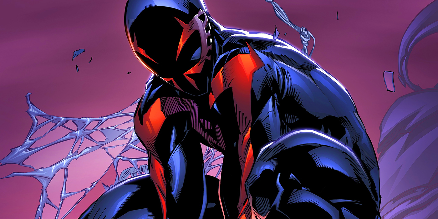 Spider-Man 2099 et les ailes de son costume en toile d'aignée.