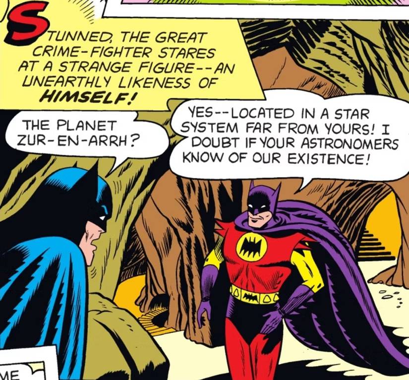 Extrait de Batman vol 1 #113, la première rencontre de Batman avec le Batman de Zur-En-Arrh, un super-héros d'un monde extraterrestre qui ressemble à une version miroir du Chevalier Noir.