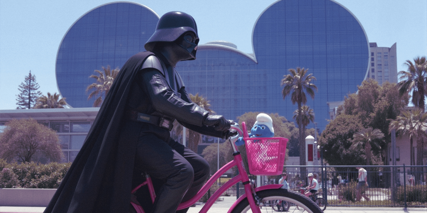 Dark Vador à vélo devant les locaux de Disney.