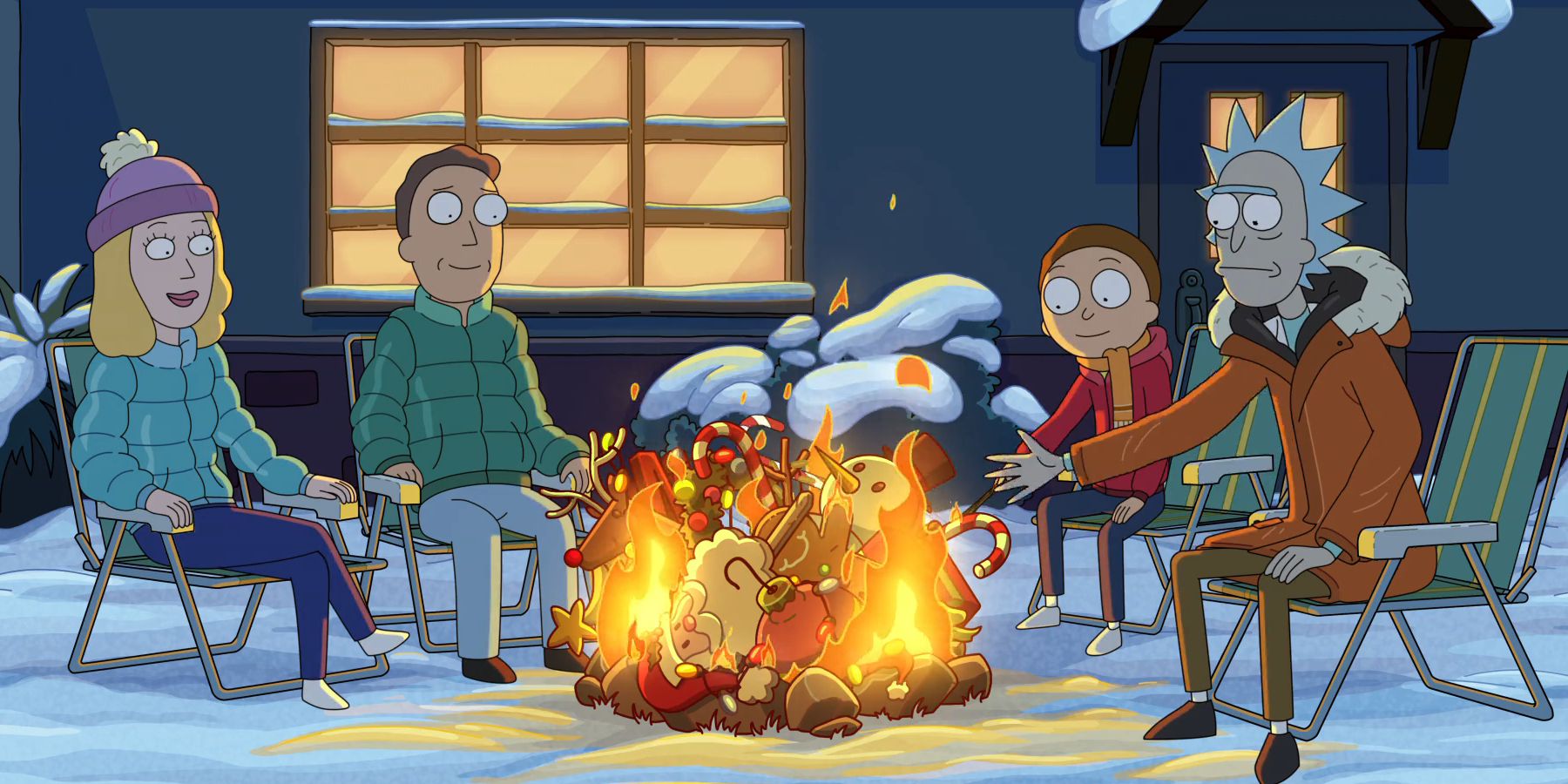 La famille Smith assise autour d'un feu de camp dans leurs vêtements d'hiver tout en brûlant des décorations de Noël dans Rick et Morty saison 8.