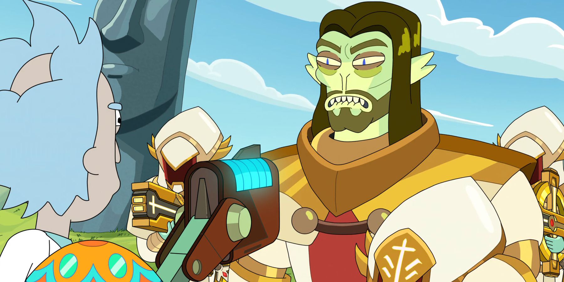 Le général Reinhard Kincaid pointe son arme sur Rick dans Rick et Morty saison 8