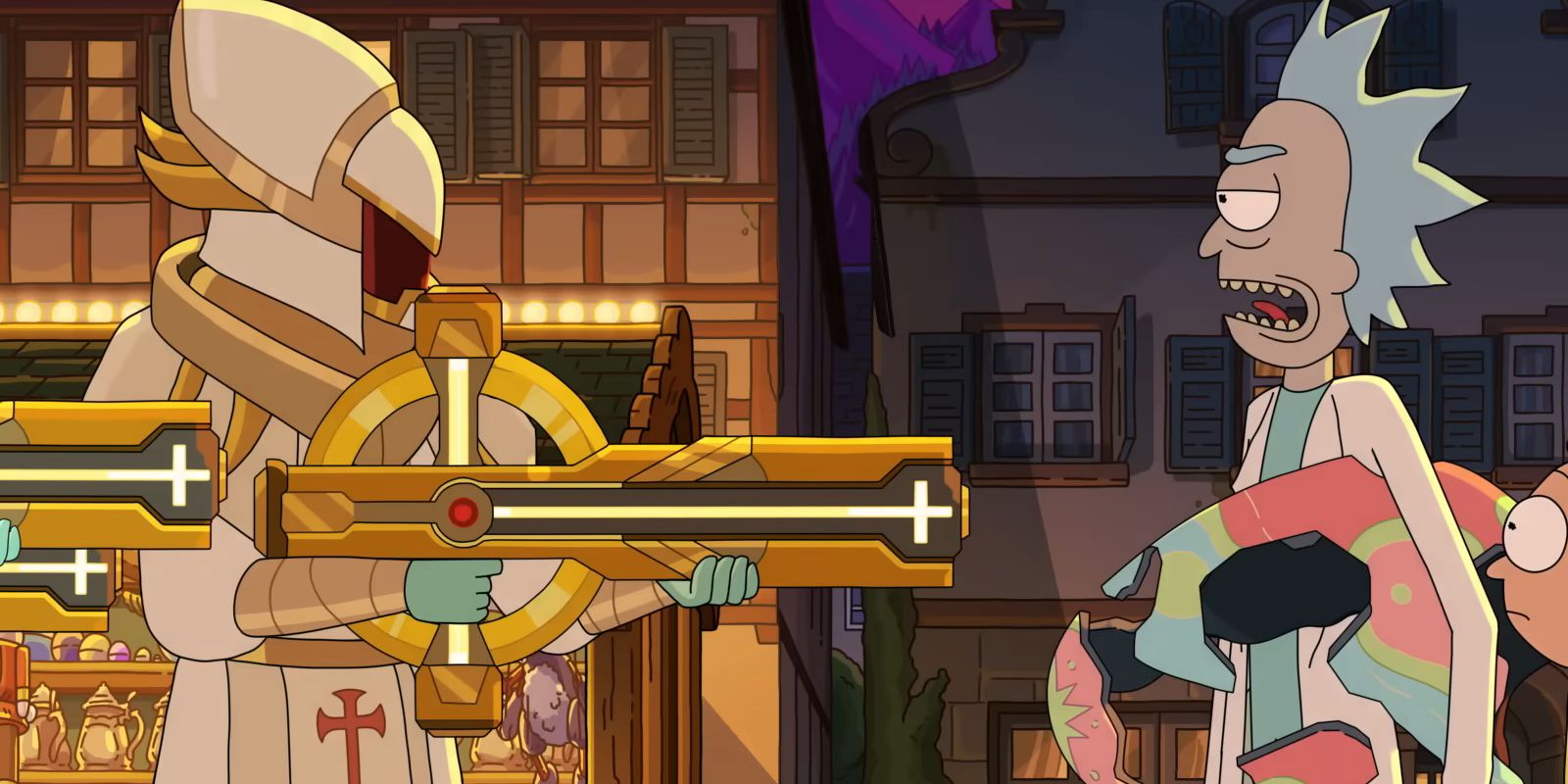 Un soldat chrétien pointe une arme sur Rick alors qu'il tient un œuf dans Rick et Morty saison 8.