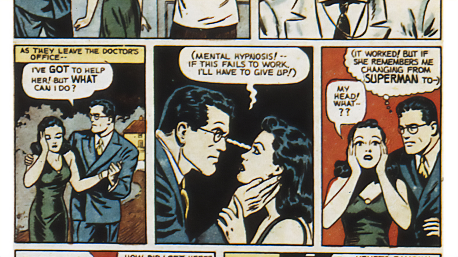 Clark Kent hypnotisant Lois Lane avec ses lunettes dans les comics DC Superman.