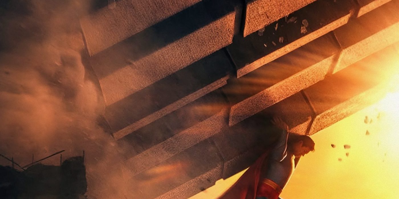 Superman (David Corenswet) supportant un immeuble qui s'écroule.