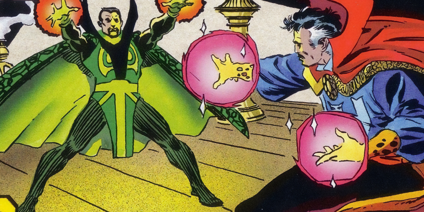 Dr Strange combattant le Baron Zemo dans les comics Marvel.