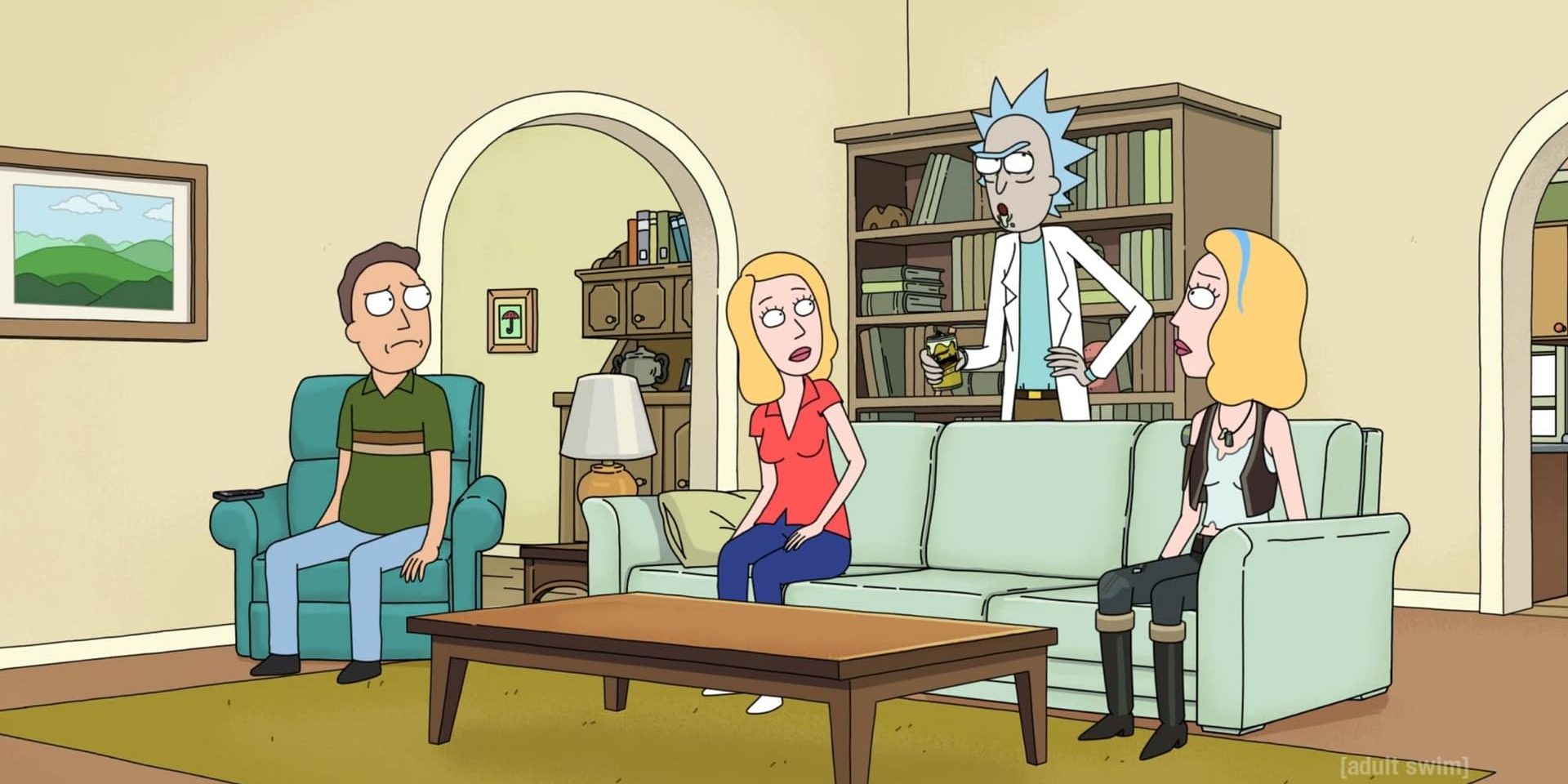 Rock, Jerry, Beth, etSpace Beth dans le salon, dans l'épisode 10 de la saison 8 de Rick et Morty.