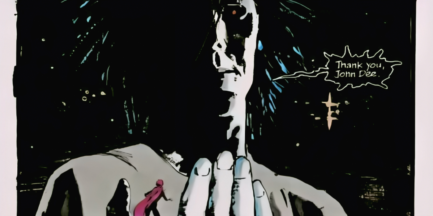 Morpheus tient John Dee dans le creux de sa main dans The Sandman.