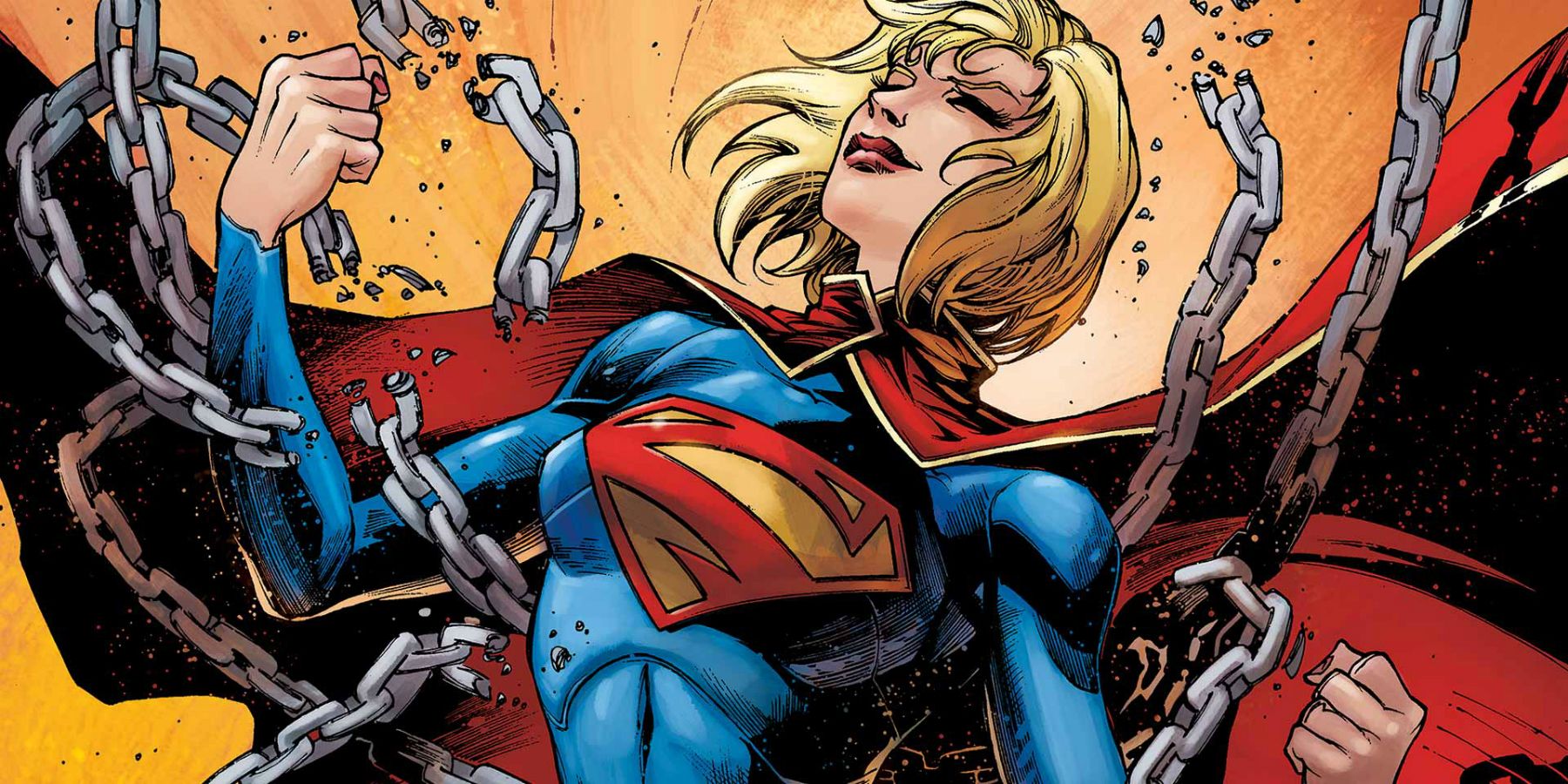Une illustration de Supergirl brisant ses chaines, dessinée par Mahmud Asrar.