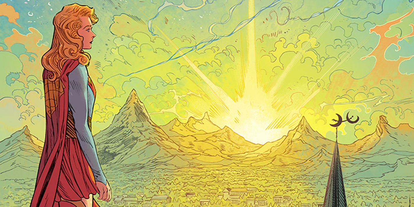 Supergirl regardant l'horizon dans la mini-série Woman of Tomorrow chez DC Comics.