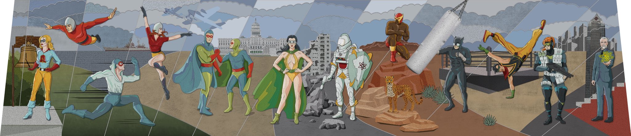 Seconde partie de la fresque aux nombreux héros du Hall de Justice dans Superman.