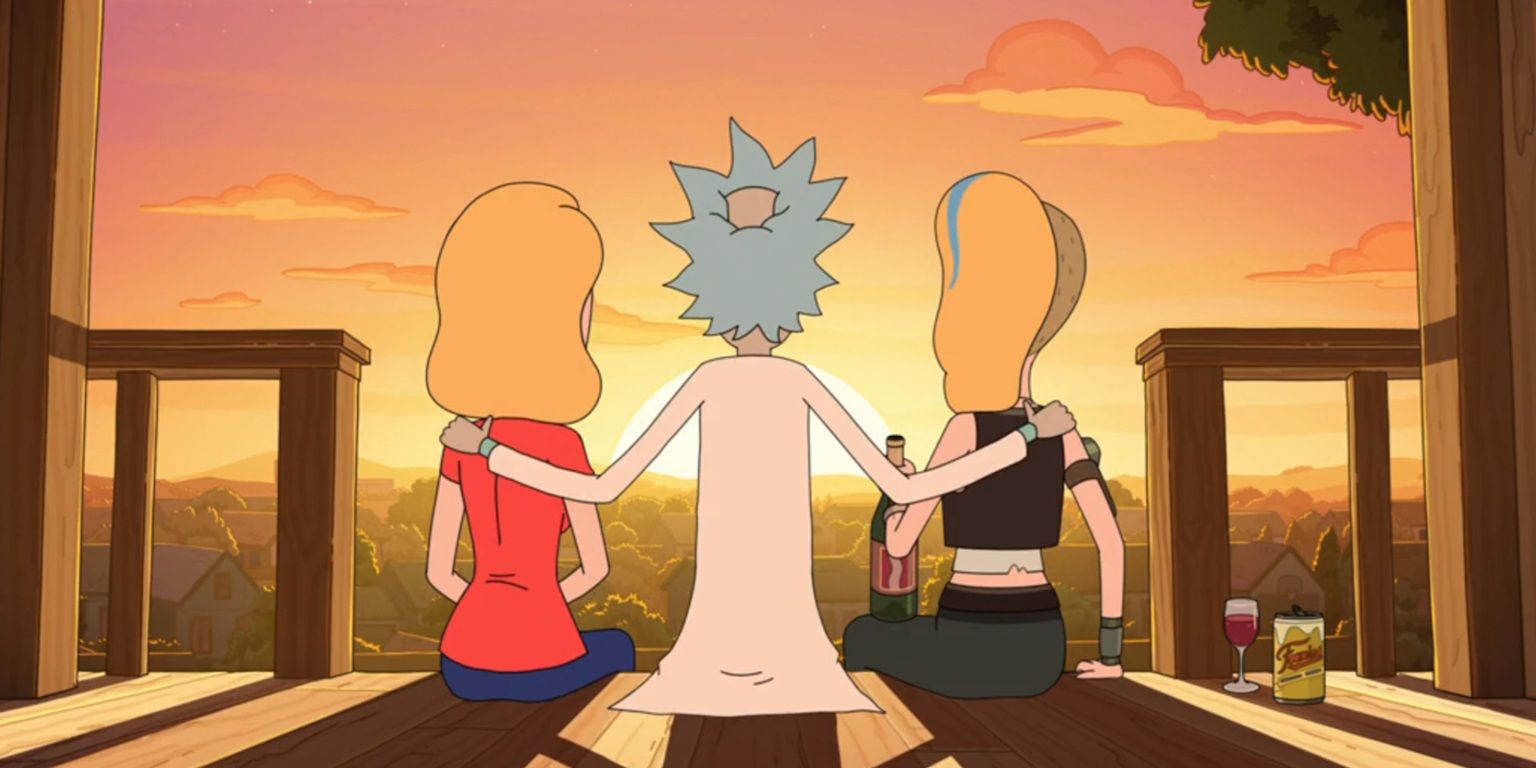 Rick, Beth et Space Beth, devant un couché de soleil.