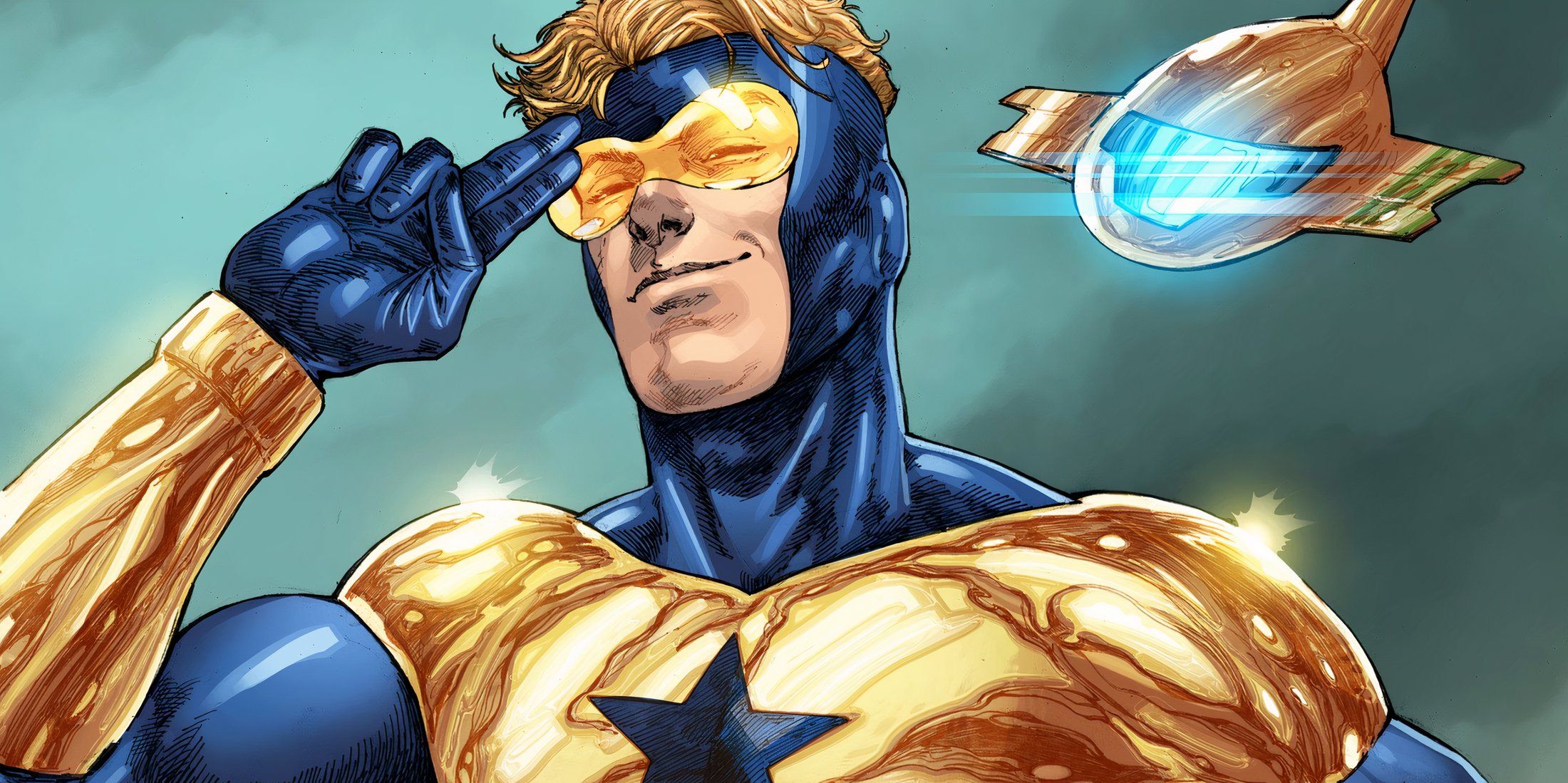 Booster Gold saluant dans les comics DC.