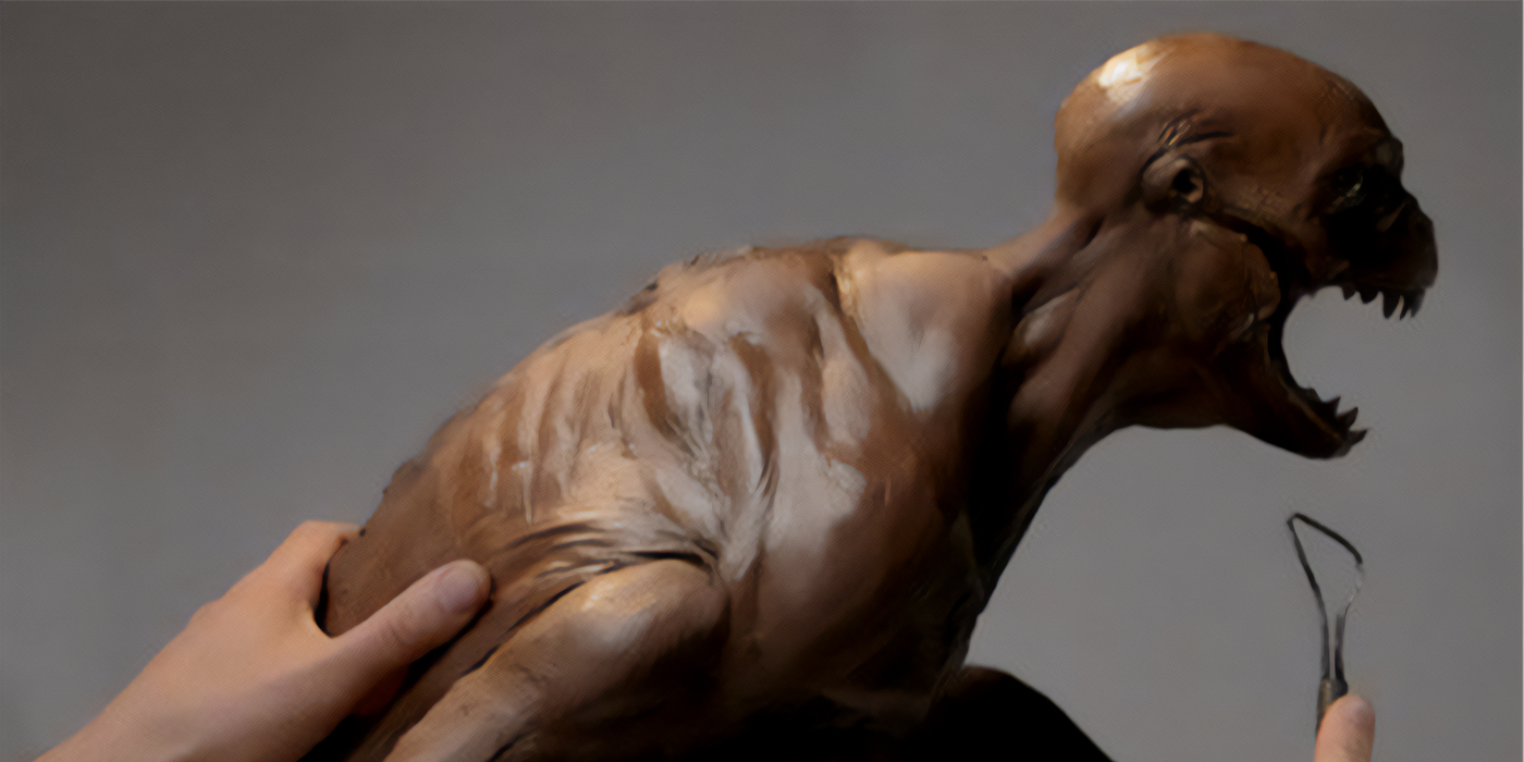 Concept art d'une de ces créatures hybrides mi-humaine, mi-dinosaure pour ce qui aurait dû être Jurassic Park 4.