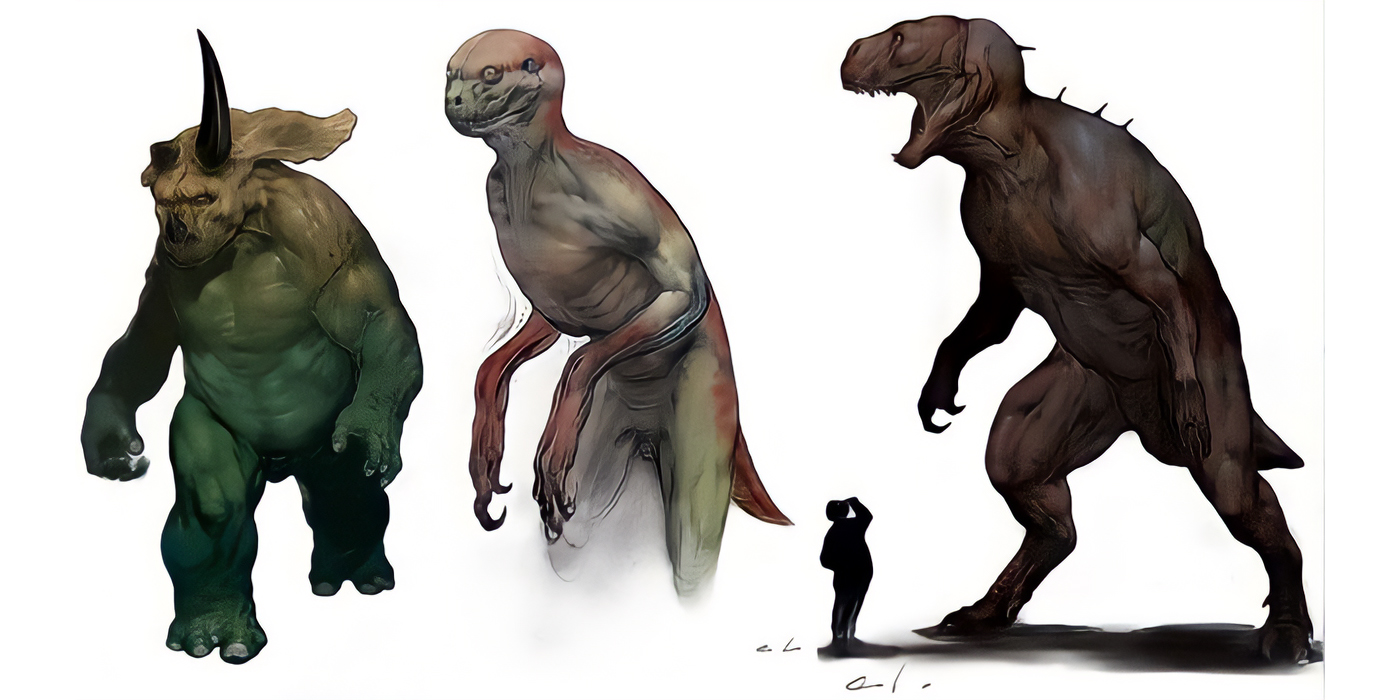 Concept art de créatures hybrides pour Jurassic Park 4.