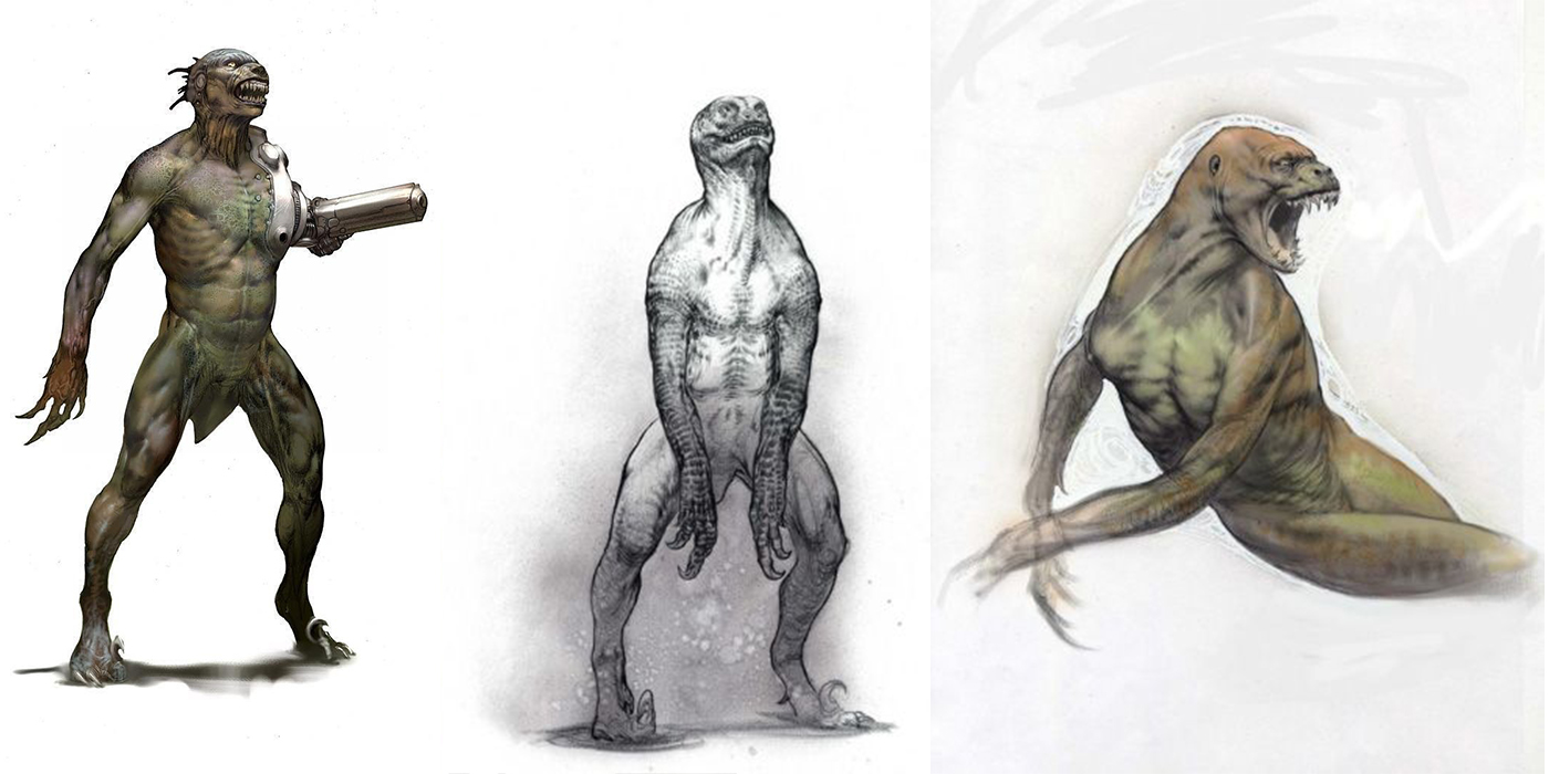 Concept art de créatures mi-dinosaures, mi-humaines pour le projet avorté de Jurassic Park 4.