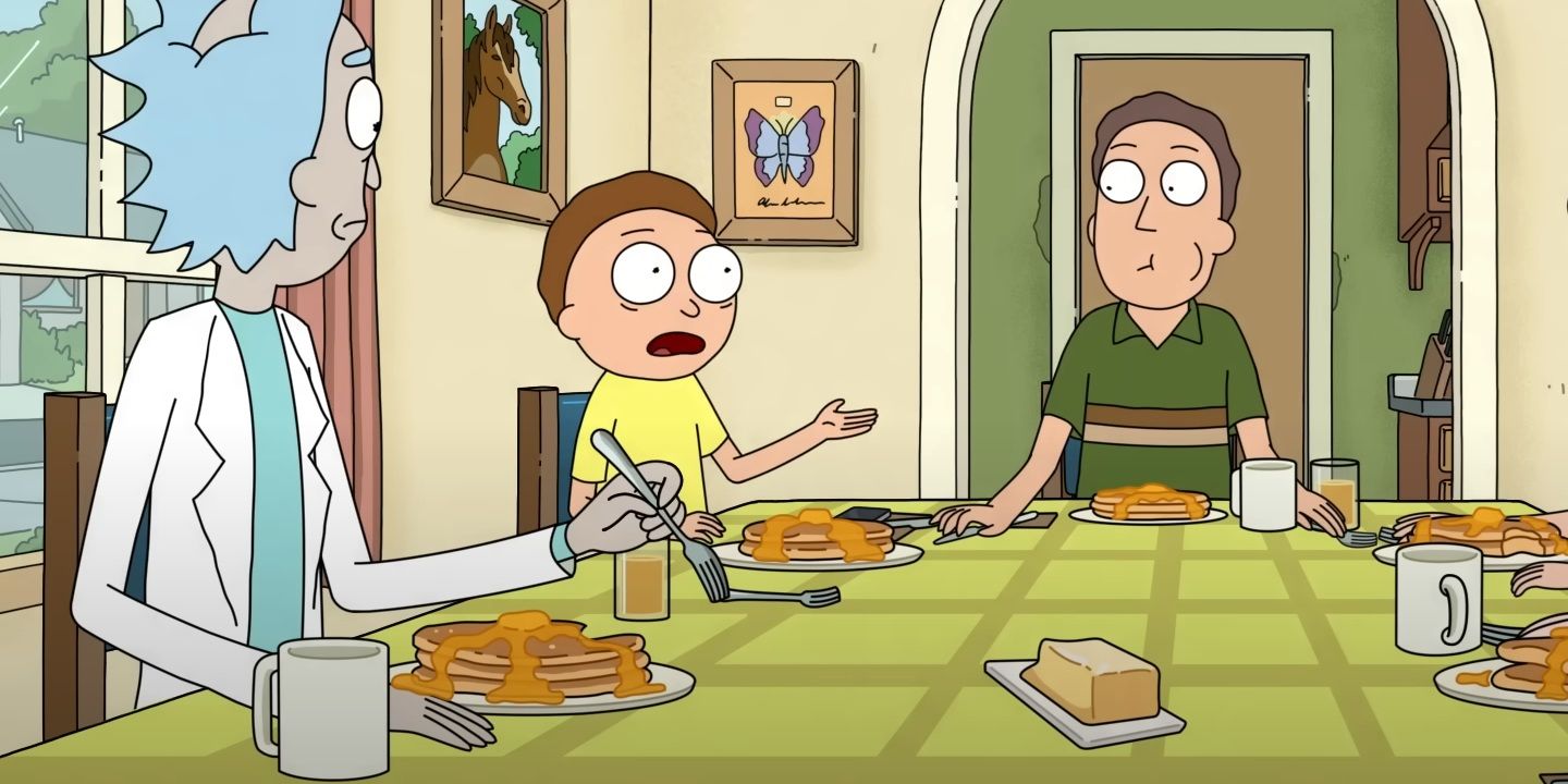Morty à table avec Rick et Jerry dans l'épisode 9 de la saison 8 de Rick et Morty.