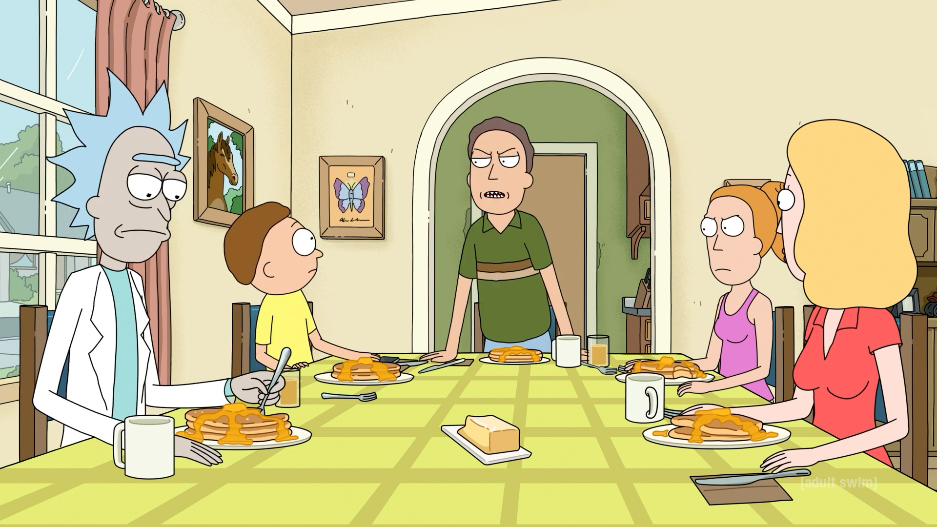 La famille autour de la table durant le petit déjeuner dans l'épisode 9 de la saison 8 de Rick et Morty, "Morty Daddy".