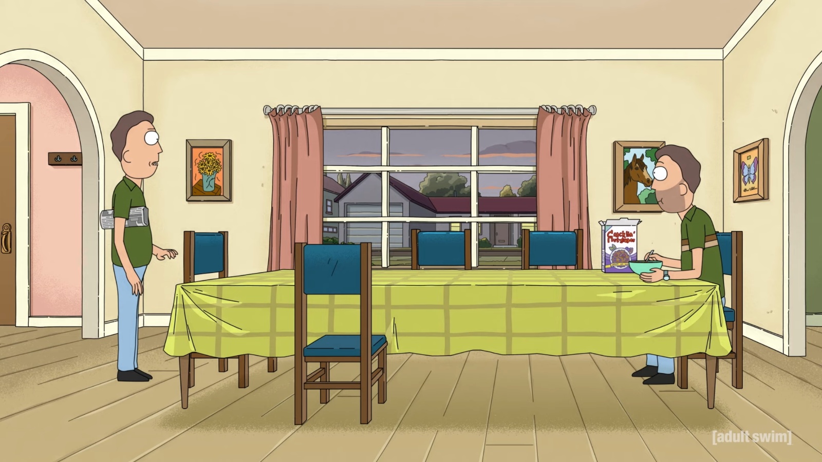 Jerry rencontre Jerry, dans l'épisode Nomortland, de Rick et Morty, saison 8.