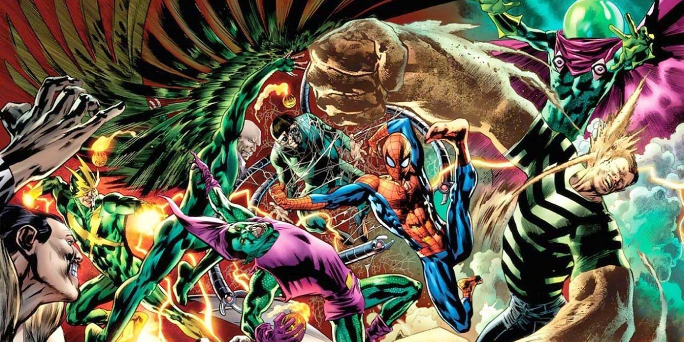 Spider-Man combattant les Sinister Six dans les comics Marvel.