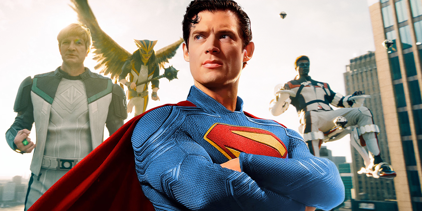 Superman (David Corenswet) et le Justice Gang composé du Green Lantern Guy Gardner, Hawkgirl et Mister Terrific.