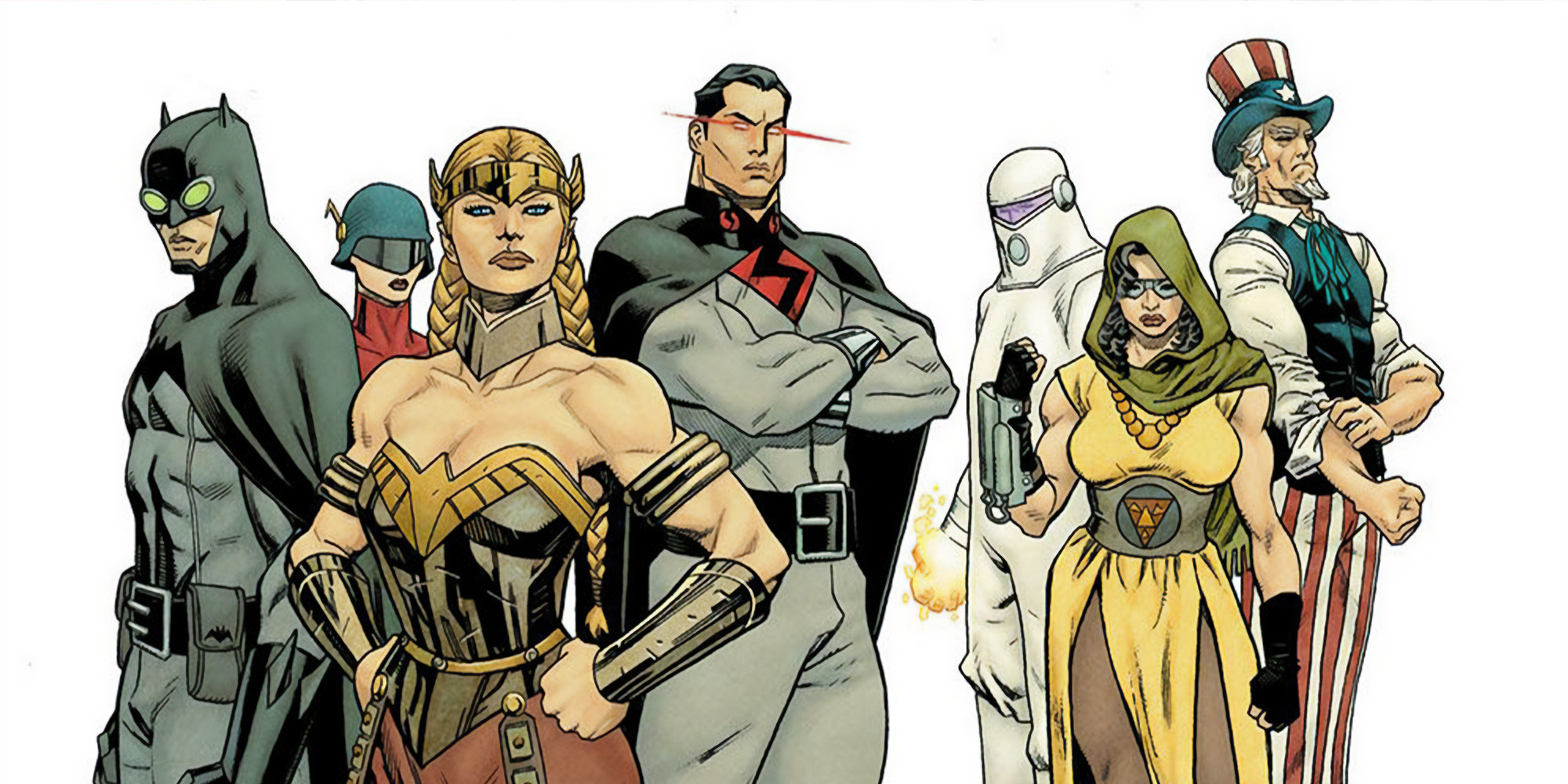 La JLAxis, la version nazie de la Justice League avec Overman (Superman) Brunhilde (Wonder Woman), Leatherwing (Batman), Underwaterman (Aquaman) et Overgirl (Supergirl), contre les Freedom Fighters menaient par Uncle Sam.