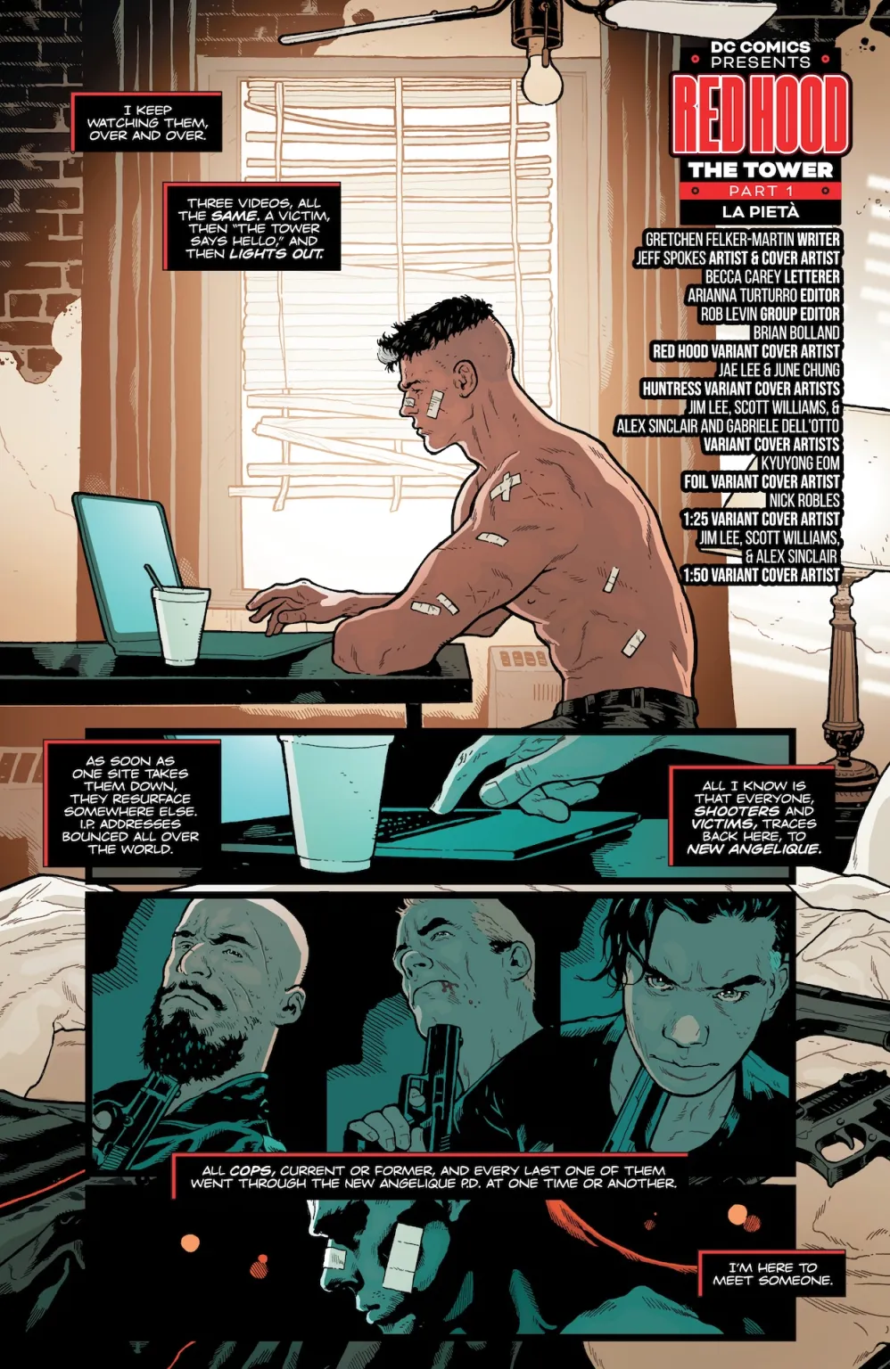 Page 2 de Red Hood #1 (DC Comics), écrit par Gretchen Felker-Martin et illustré par Jeff Spokes.