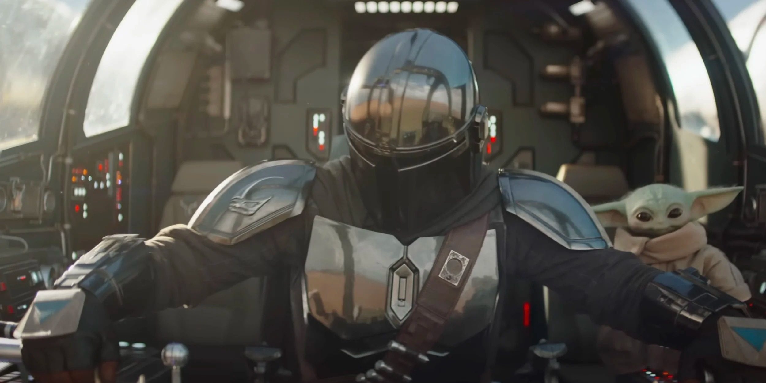 Djin Djardin et Grogu dans leur vaisseau, dans Star Wars: The Mandalorian and Grogu.
